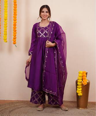Purple chanderi silk anarkali kuta set 1