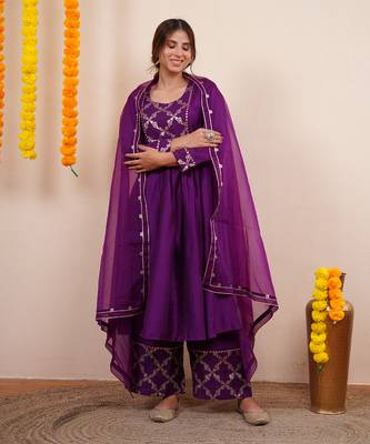 Purple chanderi silk anarkali kuta set 2