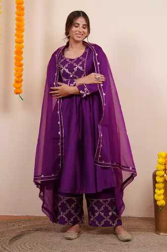 Purple chanderi silk anarkali kuta set