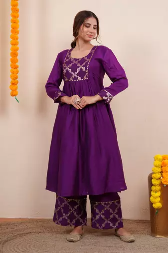 Purple chanderi silk anarkali kuta set