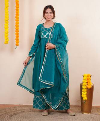 Teal green chanderi silk anarkali kuta set 1