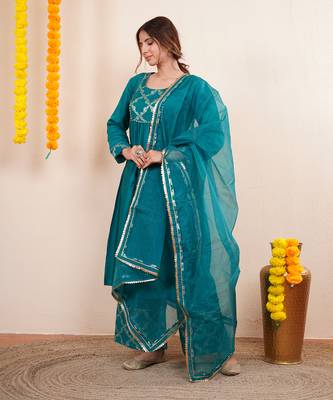 Teal green chanderi silk anarkali kuta set 2