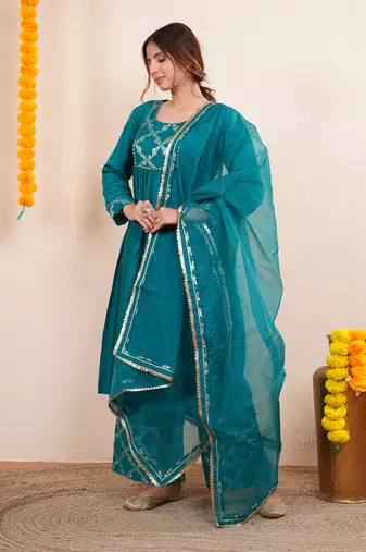 Teal green chanderi silk anarkali kuta set