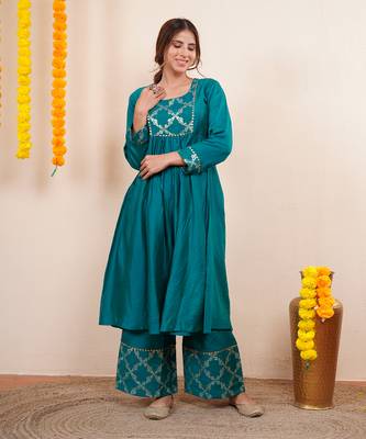 Teal green chanderi silk anarkali kuta set 3