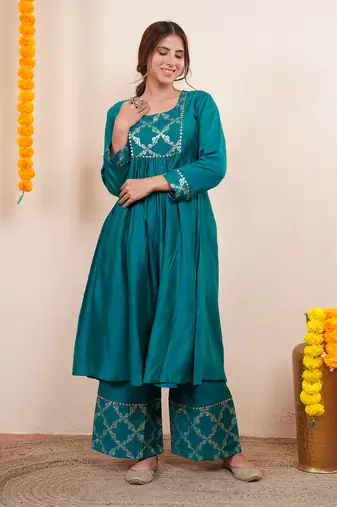 Teal green chanderi silk anarkali kuta set