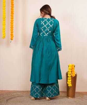 Teal green chanderi silk anarkali kuta set 4