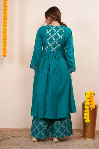 Teal green chanderi silk anarkali kuta set