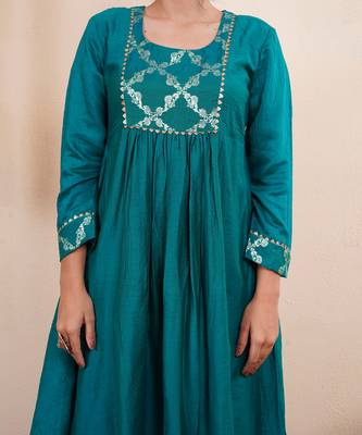Teal green chanderi silk anarkali kuta set 5