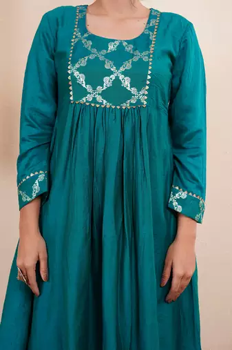 Teal green chanderi silk anarkali kuta set
