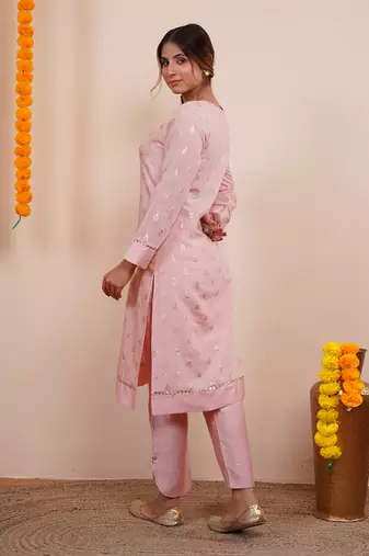 Blush pink zari embroiderd silk kurta set