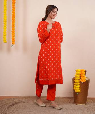 Rust orange zari embroiderd silk kurta set 3