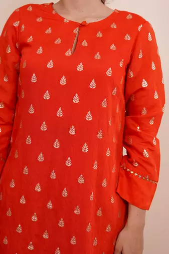 Rust orange zari embroiderd silk kurta set