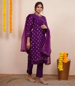 Purple zari embroiderd silk kurta set