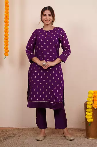Purple zari embroiderd silk kurta set