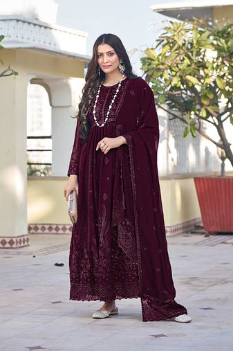 Dark wine color georgette embroidered salwar kameez