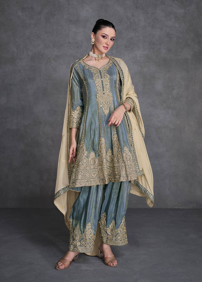 Grey color organza silk embroidered designer dress