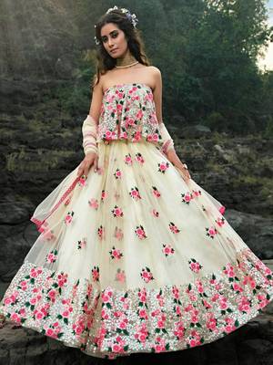 white floral thread embroidered soft net party lehenga set choli with dupatta 1