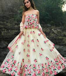white floral thread embroidered soft net party lehenga set choli with dupatta