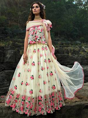 white floral thread embroidered soft net party lehenga set choli with dupatta 2