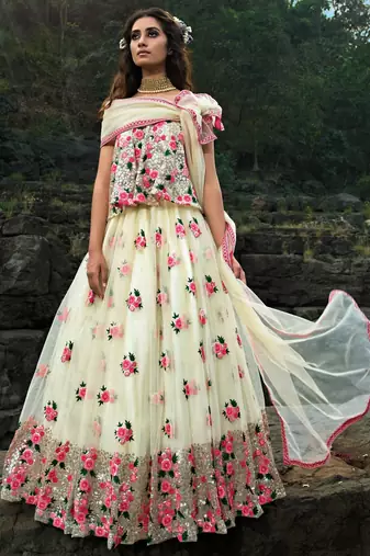 white floral thread embroidered soft net party lehenga set choli with dupatta