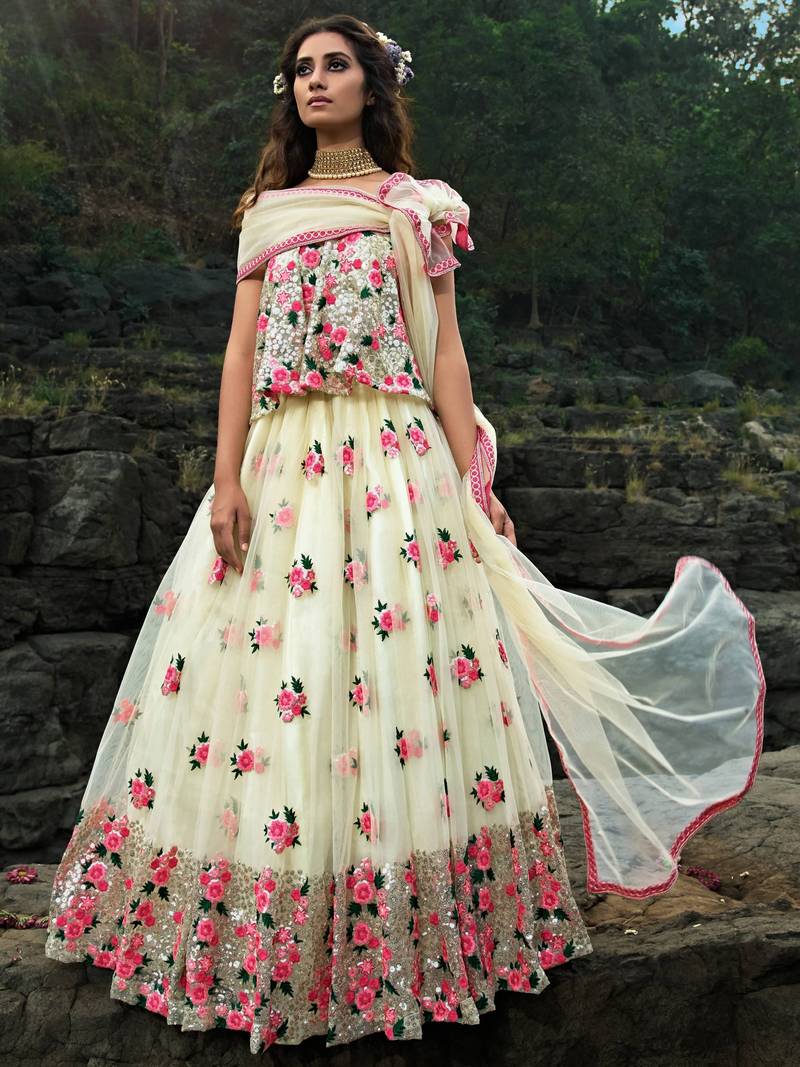 White Floral Thread Embroidered Soft Net Party Wear Lehenga Choli