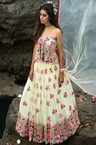 white floral thread embroidered soft net party lehenga set choli with dupatta