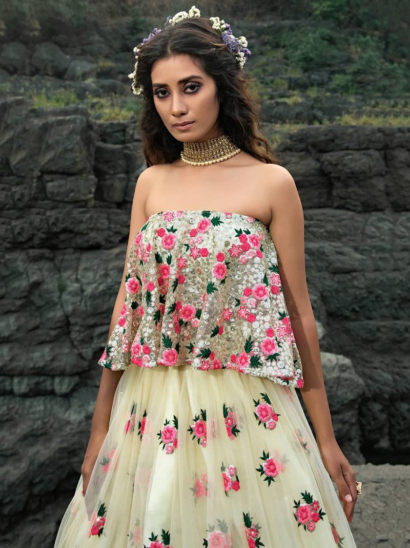 White Floral Thread Embroidered Soft Net Party Wear Lehenga Choli