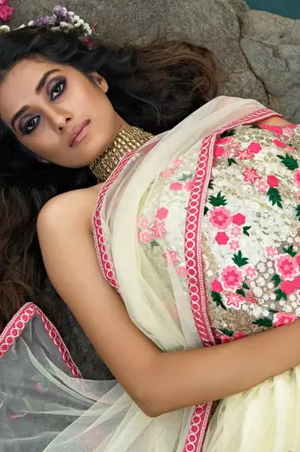 white floral thread embroidered soft net party lehenga set choli with dupatta