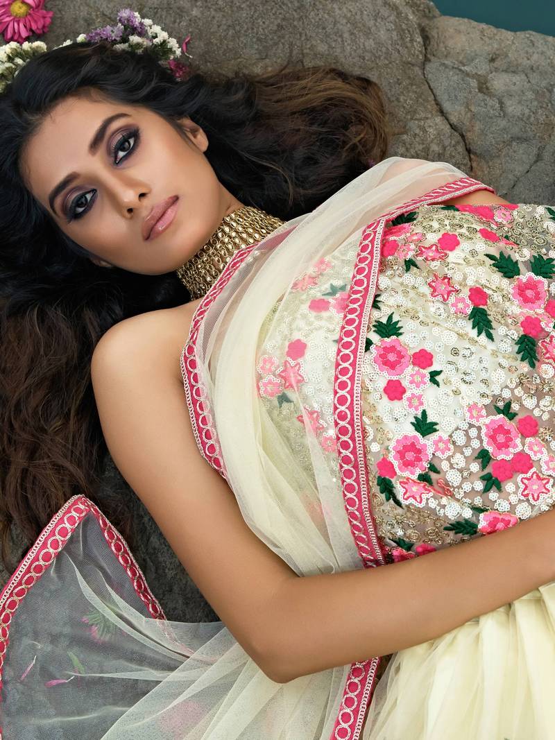 White Floral Thread Embroidered Soft Net Party Wear Lehenga Choli