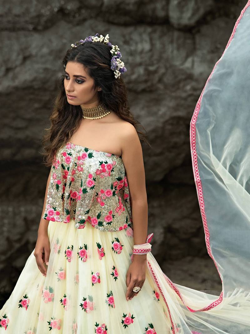 White Floral Thread Embroidered Soft Net Party Wear Lehenga Choli