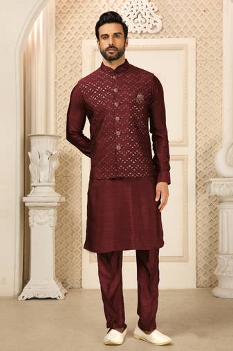 Maroon nehru jacket kurta pajama 3pc set modi style jacket