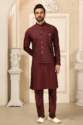 Maroon nehru jacket kurta pajama 3pc set modi style jacket 1