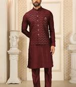 Maroon nehru jacket kurta pajama 3pc set modi style jacket