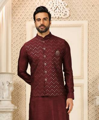 Maroon nehru jacket kurta pajama 3pc set modi style jacket 3