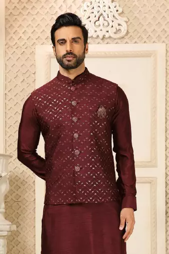 Maroon nehru jacket kurta pajama 3pc set modi style jacket