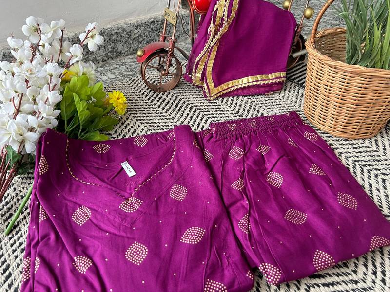 Women's purple gold print crop top kurta sharara with dupatta set