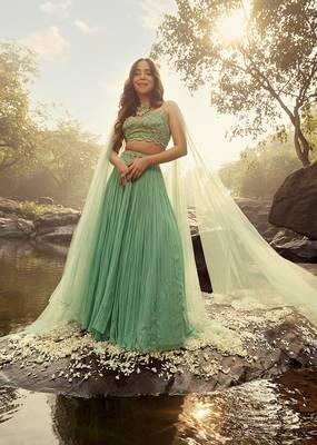 WOMEN'S GLAMOROUS TURQUOISE CRUSH WORK  SEQUINS  ZARI AND DORI EMBROIDERED FAUX GEORGETTE PARTY WEAR LEHENGA CHOLI 1