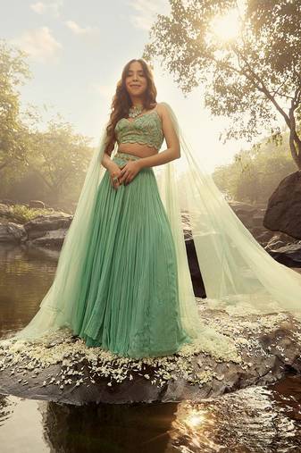 WOMEN'S GLAMOROUS TURQUOISE CRUSH WORK, SEQUINS, ZARI AND DORI EMBROIDERED FAUX GEORGETTE PARTY WEAR LEHENGA CHOLI