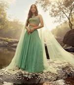 WOMEN'S GLAMOROUS TURQUOISE CRUSH WORK, SEQUINS, ZARI AND DORI EMBROIDERED FAUX GEORGETTE PARTY WEAR LEHENGA CHOLI