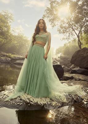 WOMEN'S GLAMOROUS TURQUOISE CRUSH WORK  SEQUINS  ZARI AND DORI EMBROIDERED FAUX GEORGETTE PARTY WEAR LEHENGA CHOLI 4