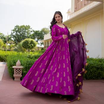 Purple pure rayon gold foil print work stitched suit with dupatta 1