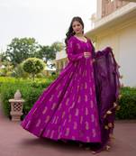 Purple pure rayon gold foil print work stitched suit with dupatta