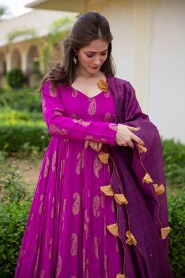 Purple pure rayon gold foil print work stitched suit with dupatta 2