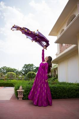 Purple pure rayon gold foil print work stitched suit with dupatta 3