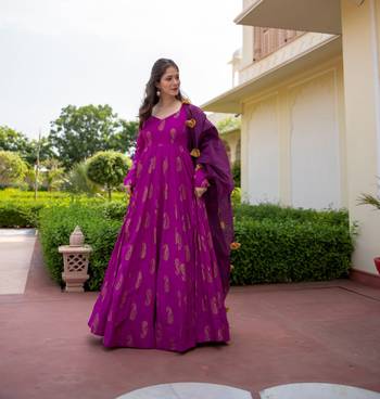 Purple pure rayon gold foil print work stitched suit with dupatta 4