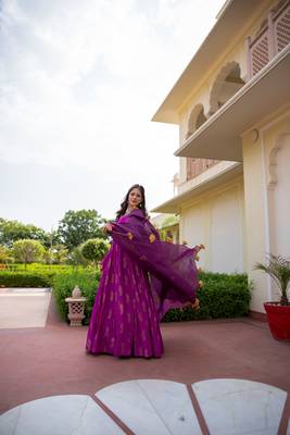 Purple pure rayon gold foil print work stitched suit with dupatta 5