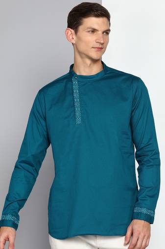 men's  teal blue cotton twill angrakha festive kurta