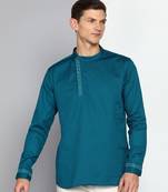 men's  teal blue cotton twill angrakha festive kurta