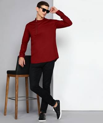 men's maroon cotton twill angrakha festive kurta 1
