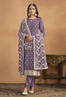 Faux georgette embroidered salwar suit in lavender 1